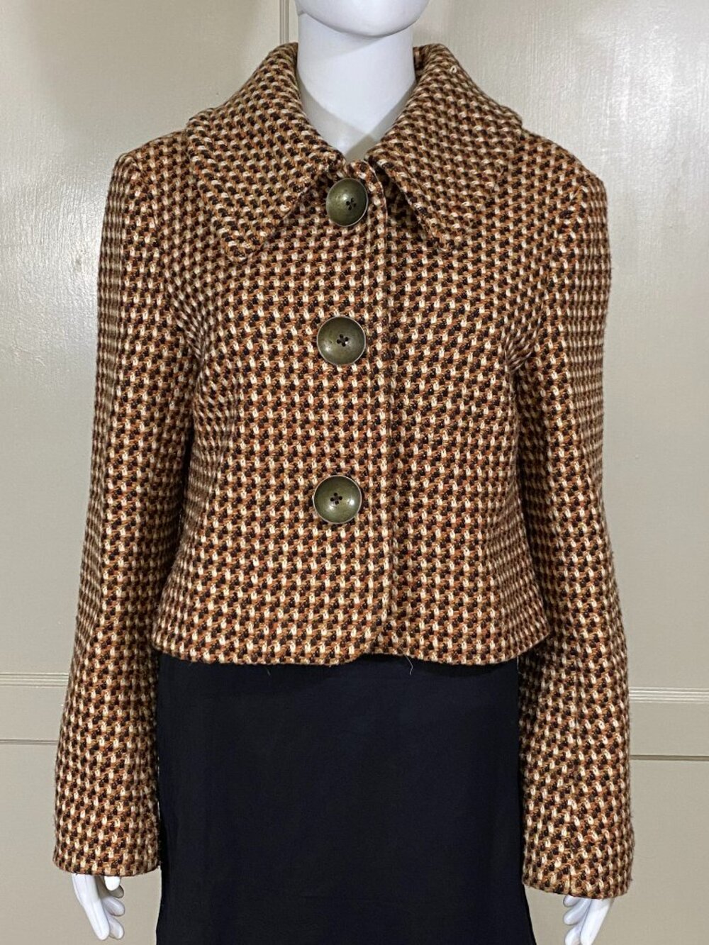 KENZIE Cropped Houndstooth Plaid Tweed Jacket Orange Brown Lined Buttons, Sz 12